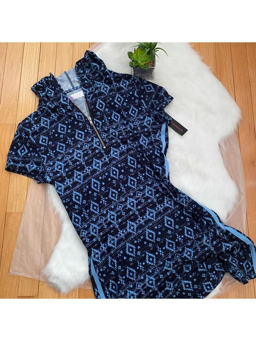 Women Blue Patterned Short Sleeve Hoodie Dress Zip Front XL
